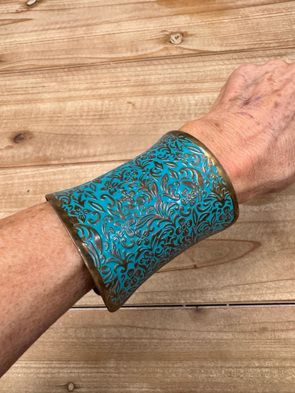 Vintage Turquoise Patina Etched Cuff Bracelet • Wide Statement • Boho Luxe